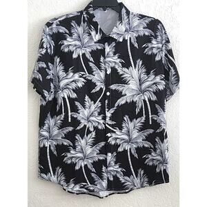 Men's Shirt-Hoooyi-Button Up-Short Sleeves-Tropical-Black White-Palm Trees-XL